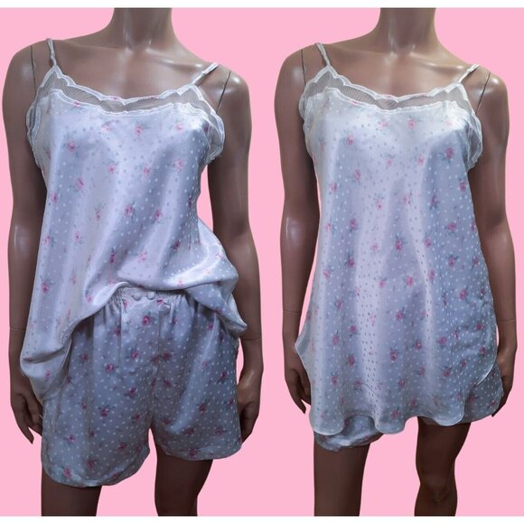 Vintage 80s Satin Nightgown Shorts Set White Polka Dot Pink Roses Floral Size M - Picture 1 of 8